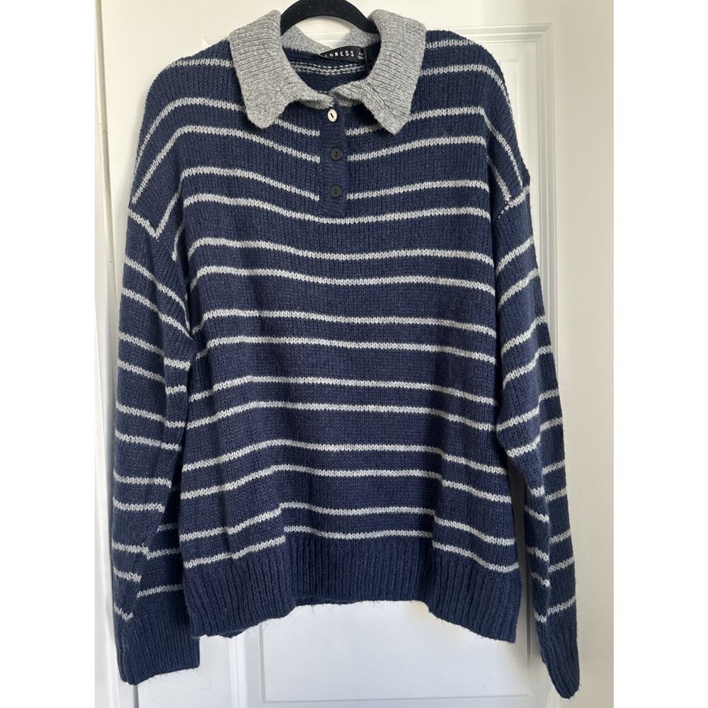 Lioness Rising Sun Jersey Stripe Polo Sweater Navy Gray Women’s S-M NWT - Picture 3 of 9
